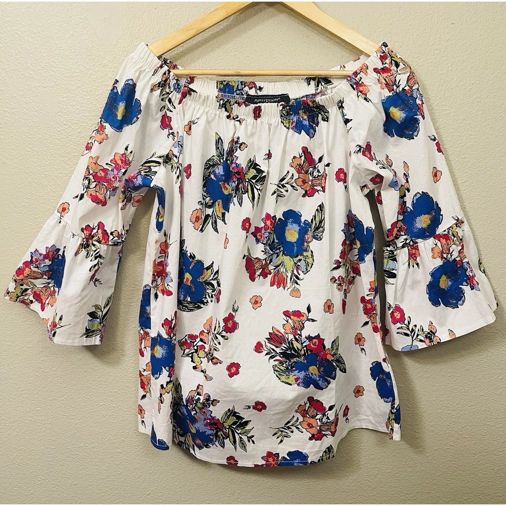 Ashley Stewart Colorful Floral Cotton Top 3/4 Tulip Sleeve Boho Vacation Sz 14